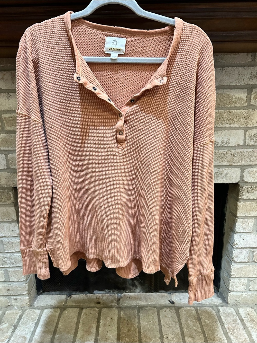 Offline By Aerie Waffle Knit Button Henley Top - Dusty Rose EUC